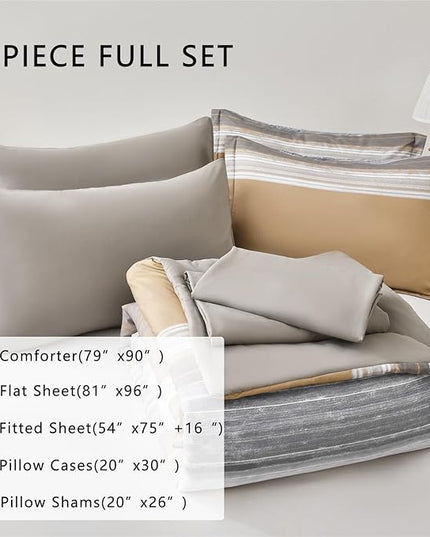 7 Piece Bed in a Bag Stripe Comforter Set Full Size, White Grey Khaki Striped Comforter and Sheet Set, All Season Soft Microfiber Complete Bedding Set(Khaki,Full)