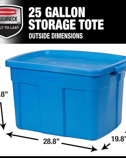 Rubbermaid Roughneck Tote 25 Gal, 4 Pack, Made in USA, Heritage Blue, Rugged Plastic Stackable Storage Bins with Lids and Handles