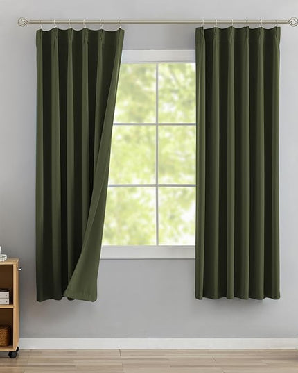 DONREN Olive Green Pinch Pleated Blackout Curtains with Hooks - 63 inch Length Room Darkening Thermal Insulated Short Window Curtain Panels for Bathroom Kids Room 2 Panel 40" Wx63 L