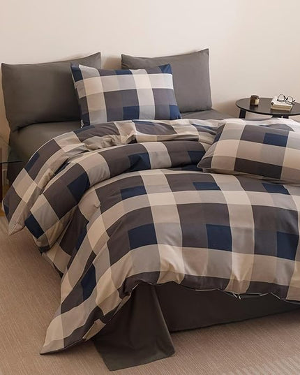 Luxlovery Checkered Navy Comforter Set Cal King Gingham Bedding Set Men's Bedding Grid Bedding Set Fluffy Soft Cottagecore Khaki and Blue Blanket Quilts with 2 Pillowcases California King Bed