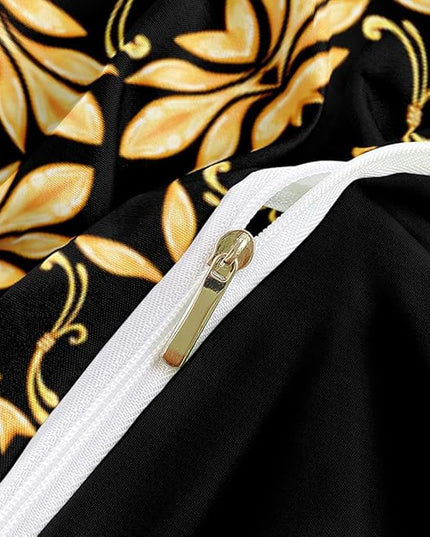 Golden Scrolls Print Duvet Cover and Pillow Shams Green Gems Deco for Girls and Boys Bedding Set Queen Size Black Color Bed Sets
