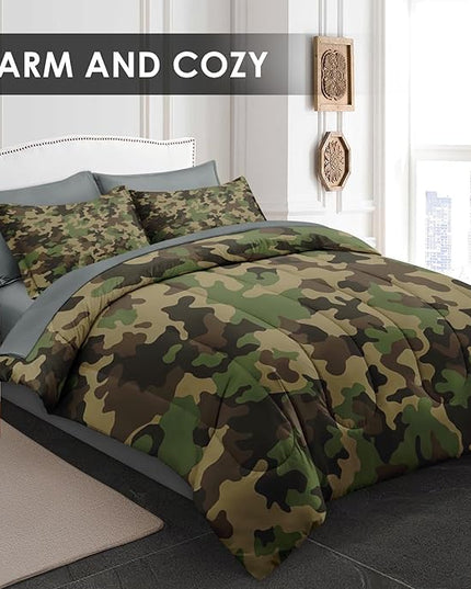 Comforter Set Full Size, Military Hunting Camouflage 7 Pcs Bedding for Kids and Adults, Brown Green Camo Bed Sheet Sets with Fitted Sheet 2 Pillowcases & 2 Shams