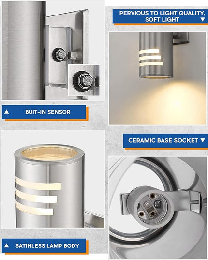 TENGXIN 2 Pack Dusk to Dawn Patio Wall Light Cylinder,Up Down Modern Outdoor Wall Sconce with Stainless Steel Cylinder,Brushed Nickel Exterior Lighting Fixtures