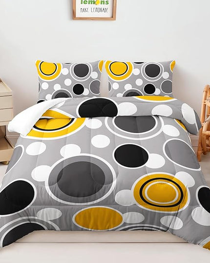 AILONEN Black Yellow Grey Comforter Set Full Size, Abstract Circles Dots Modern Geometric Themed Bedding Set,3-Piece Soft Microfiber,1 Comforter + 2 Pillowcases (Boys/Girls/Adults)