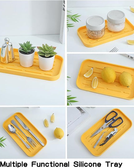 Silicone Kitchen Sink Organizer Tray for Multiple Usage,Easy Clean,Eco-Friendly Sponges Holder for Kitchen Bathroom Counter or Sink,Dish Soap Dispenser,Scrubber,Bottle,Cup Yellow 10”x 5.3”