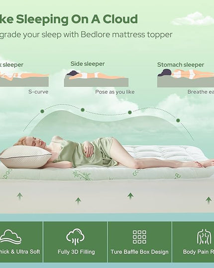 BEDLORE Twin Mattress Topper Viscose Derived from Bamboo, Thick Pillow Top Mattress Pad with Stretchable Pockets for 6"-15" Mattress, Soft Breathable Mattress Topper for Back Pain Relief