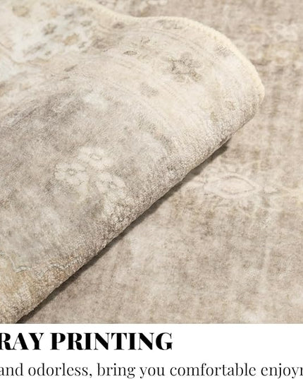 MUJOO Beige Round Rug 6ft,Circle Washable Area Rugs for Bedroom Living Room Bathroom,Boho Large Vintage Bohemian Distressed Farmhouse Non Slip Circular Carpet,Floral