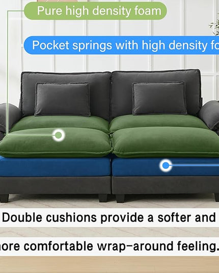 86" Modular Sectional Sofa, Comfy Cloud Couch Sectional Sofa with Ottoman, Velvet Sofa Sleeper Deep Seat Sofa with Throw Pillows for Living Room (Blue Grey)