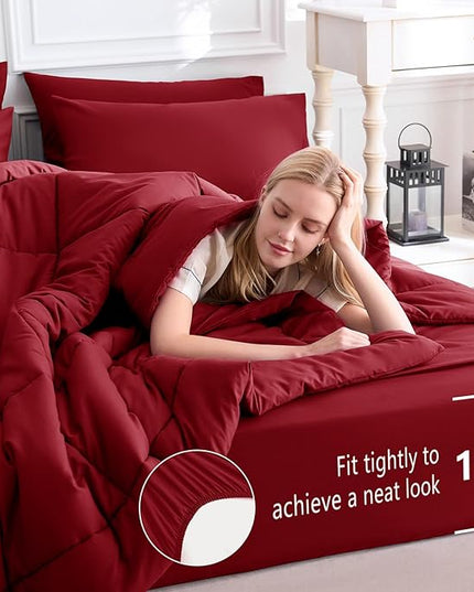 CozyLux Queen Comforter Set Dark Red, 7 Pieces Bed in a Bag, Red Comforter Queen Size, All Season Bedding Sets with Stitch Quilted Comforter, Flat Sheet, Fitted Sheet, Pillowcases