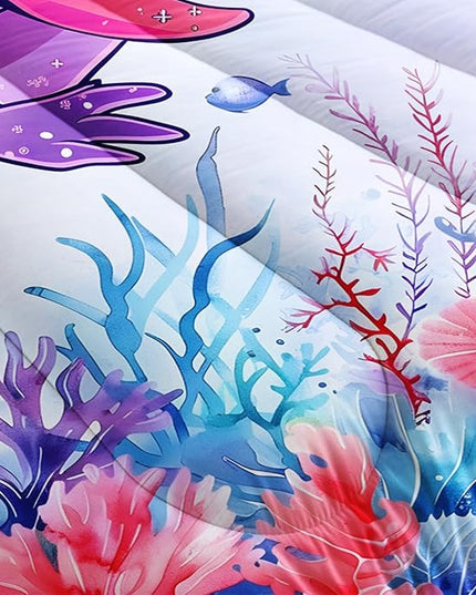 Cute Axolotl Bedding Set King Size,Pink Axolotl Waterweed Pattern Toddler Bed Comforter Set,Kawaii Sea Life Bedding Sets for Kids Boys Girls Room Decoration with 2 Pillowcases.