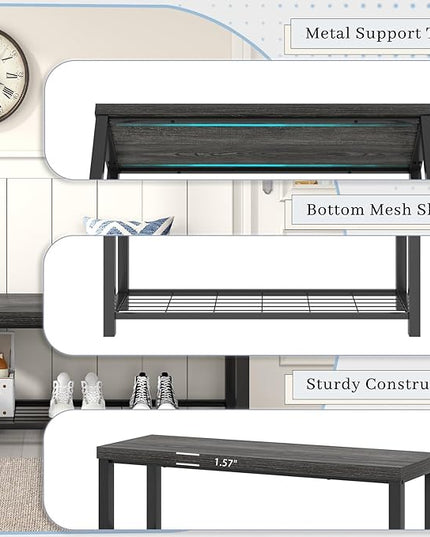 FOLUBAN Shoe Storage Bench, Modern Entryway Bench with Metal Shelf, Industrial Indoor Shoe Bench Seat for Bedroom, Hallway, Living Room, Dark Gray, 47 Inch