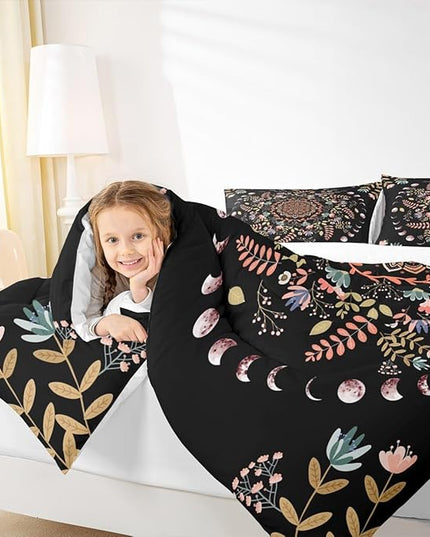Sun and Moon Kids Comforter Set King Size,Mandala Flowers Leaves Boho Exotic Bedding Set,Boys Girls Adults Room Decor,Starry Sky Datura Trippy Down Comforter,Colorful Duvet Insert,2 Pillowcases
