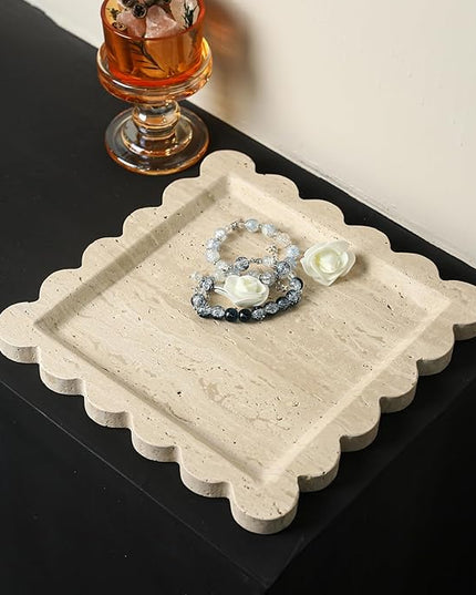 Natural 100% Marble Vanity Tray Luxury Scalloped Marble Tray, Travertine Tray for Home Decor Bathroom Kitchen Candle Key (Square-9.8 * 9.8-Beige Travertine)