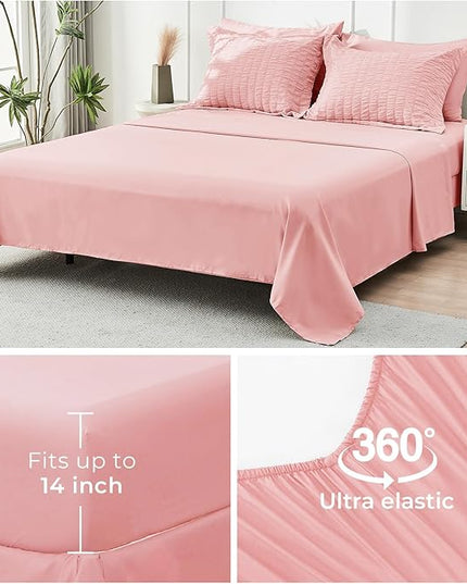 HYMOKEGE Rose Pink King Size Comforter Set Seersucker 7 Pieces, All Season Luxury Bed in a Bag for Bedroom, Bedding Set with Comforter, Sheets, Pillowcases & Shams
