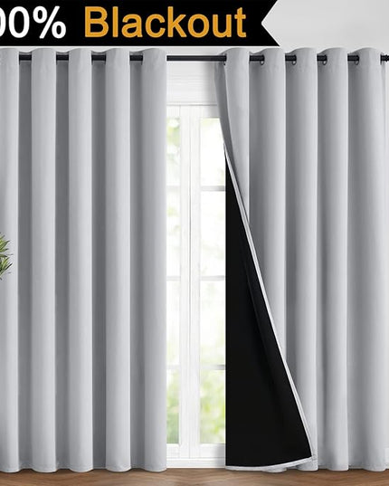 Yakamok 100% Blackout Lined Panels, Room Darkening Thermal Insulated Blackout Curtains for Bedroom, Heat Blocking Drapes for Living Room(62Wx84L, Light Grey, 2 Panels)