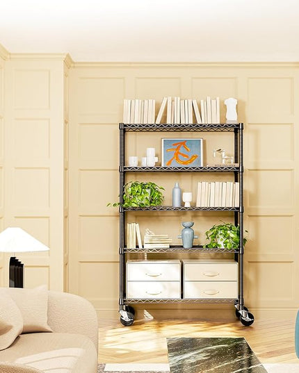 IZEUK 5-Tier Storage Shelving Unit with Wheels, Adjustable Heavy Duty Steel Wire Rack Organizer (Black, 17.7" D x 47.2" W x 76.7" H, 1750 lbs Capacity) for Garage, Kitchen, Office, Laundry, Basement