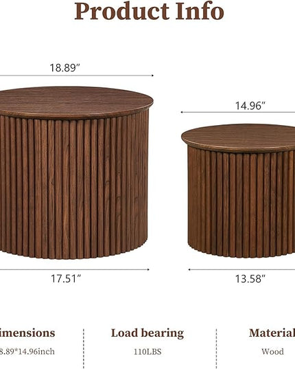 Small Fluted Round Nesting Coffee Table Set of 2, Mid Century Modern Coffee Table Circle Side Table, Wood Nesting Table Farmhouse End Tables Set for Living Room, Bedroom, Small Spaces(Walnut