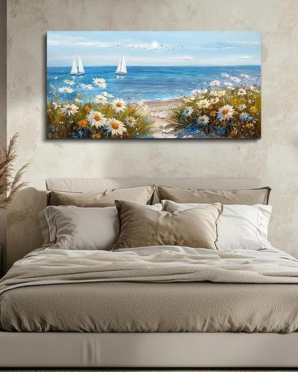 PHAOHUAXM Wall Art For Dining Room Kitchen Blue Ocean Landscape Painting Art Pictures Living Room Decor Vintage Landscape Canvas Print Suitable For Bedroom Office Farmhouse Wall Decoration 24x48 In