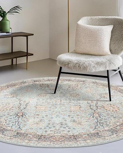 GLN Rugs Traditional Collection - Machine Washable Area Rug, Traditional Washable, Non Slip, Low Pile Chenille Rug, Living Room, Bedroom, Kitchen Rug (5'3" Round Blue Floral)