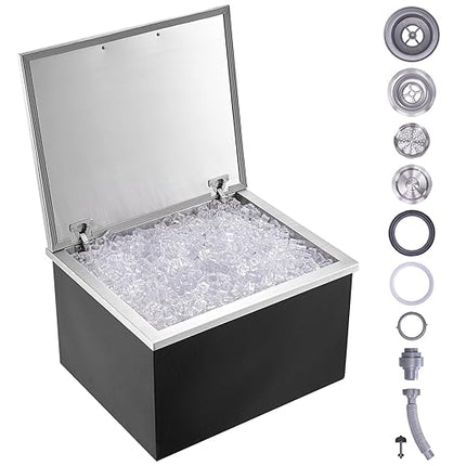 VEVOR Drop in Ice Chest, 28"L x 16"W x 17"H Stainless Steel Ice Cooler, Commercial Ice Bin with Hinged Cover, 40 qt Outdoor Kitchen Ice Bar, Drain-Pipe and Drain Plug Included, for Cold Wine Beer