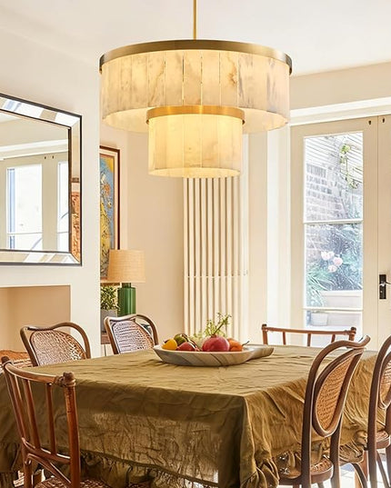 Alabaster Chandelier 2-Tier D24 Brass Round Chandeliers, Modern Dining Room Chandelier Marble Pendant Light for Living Room, Bedroom, Foyer, Kitchen, Entryway Gold(Include Bulbs)