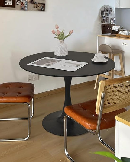 Round Table,31.5" Modern Black veneered Dining Table for 2-4 People with MDF Top&Metal Pedestal Base,Coffee Table Thickened Tabletop for Dining Room/Kitchen/Living Room,Black