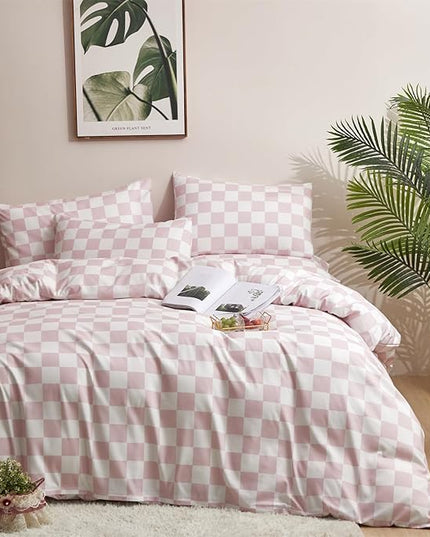 CLOTHKNOW Pink Plaid Comforter Set California King 3Pcs Pink White Bedding Comforter Sets Checker Comforter Soft Grid Comforter Sets Cal King