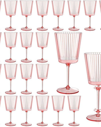 24 PCS Pink Plastic Wine Glasses with Removable Stems 13.5 OZ Ribbed Wine Glass Set Square White Wine Glasses Muted Pastel Colors Goblets Elegant Fluted Glassware for Wedding(Pink, 24 Pack)