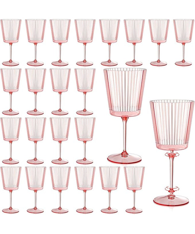 24 PCS Pink Plastic Wine Glasses with Removable Stems 13.5 OZ Ribbed Wine Glass Set Square White Wine Glasses Muted Pastel Colors Goblets Elegant Fluted Glassware for Wedding(Pink, 24 Pack)