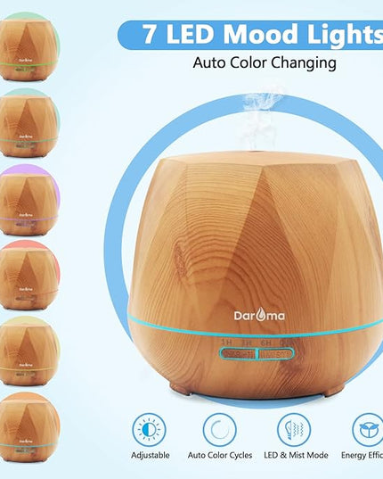 550ml Essential Oil Diffuser, DAROMA Upgraded Remote Control 6 in 1 Aromatherapy Ultrasonic Cool Mist Humidifier, 7 Color Changing Mood Lights & Waterless Auto-Off for Home Office Gift, Light Wood