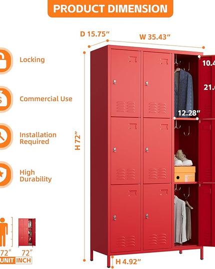 Aobabo New 9 Doors Metal Storage Locker for Employees, Lockable Steel Locker with Name Card Slot and 27 Hooks for School Office Gym Garage, Red, Assembly Required