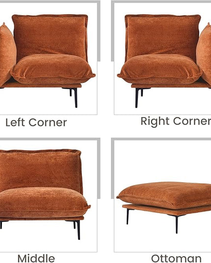 WJShome Velvet Modular Sectional Sofa with Ottomans,111" Modern L-Shaped Couch for Living Room, 3-Seater Sofa with Chaise with Removable Cushions and 8" High Metal Legs, Easy to Clean, Terracotta