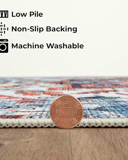 GLN Rugs Traditional Collection - Machine Washable Area Rug, Traditional Washable, Non Slip, Low Pile Chenille Rug, Living Room, Bedroom, Kitchen Rug (3'x5' Blue)