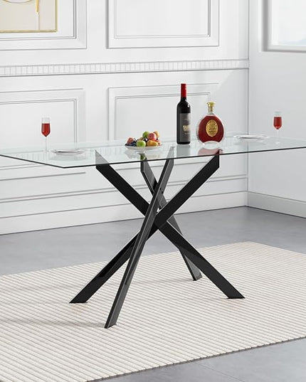 51" Rectangular Glass Dining Table Modern Kitchen Glass Top Table for 4 with Black Metal Legs, Clear Dining Table Kitchen Table for Home Office Dining Room