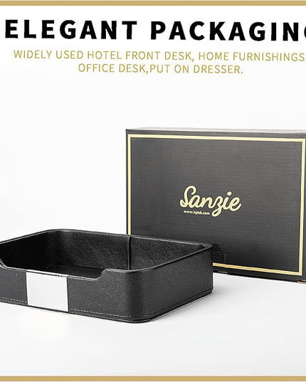 SANZIE Luxury Leather Tray Desktop Storage Catchall Organizer Decorative Tray for Entryway Table to Hold Jewelry Watch Keys Phone Wallet (Metal Silvered, Black)