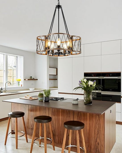20.8'' Farmhouse Chandeliers for Dining Room, 5-Light Rustic Chandelier Wood Grain Metal Round Hanging Light Fixture, Vintage Drum Pendant Lights for Living Room, Bedroom, Kitchen, Entryway