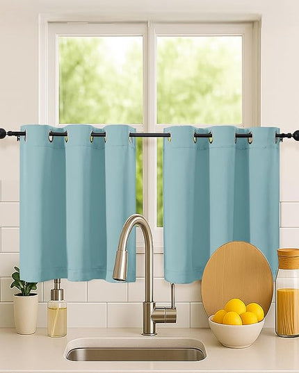 Simplebrand Aqua Short Kitchen Curtains 24 Inch Length 2 Panels Set, Small Windows Room Darkening Curtain for Bathroom, Cabinet, Basement, RV Camper, Thermal Insulated Short Drapes, 40 x 24 Inch