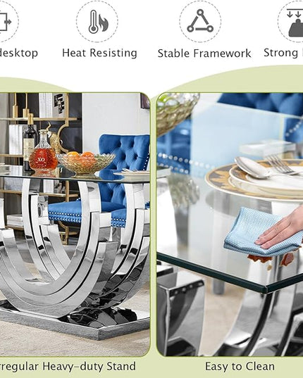 7-Piece Glass Dining Table Set with 6 Upholstered Dining Chairs, Large Dining Table and Chair Set for 6, Modern Glass Kitchen Table Furniture for Dining Room, U Shape and Stainless Steel Pesestal