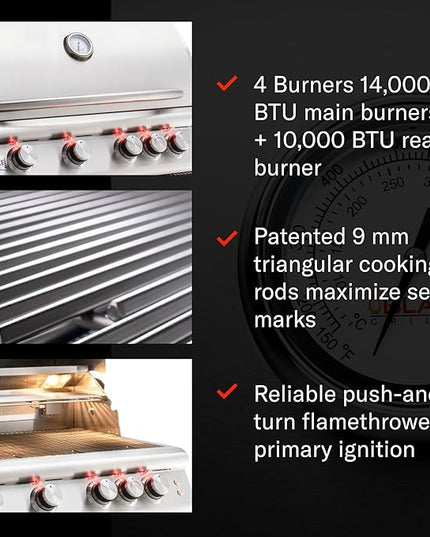 Blaze Grills Premium LTE+ | 32-Inch 4-Burner Barbecue | Built-In Propane Gas Grill | Professional Stainless Steel BBQ | Rear Infrared Burner + Rotisserie Kit | BLZ-4LTE3-LP