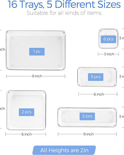 Ravinte 16 PCS Drawer Organizer Plastic Storage Bins, 5 - Size Kitchen Drawer Organizer with Non-Slip Pads Clear Desk Storage Tray for Makeup, Jewelries, Kitchen Utensils and Office