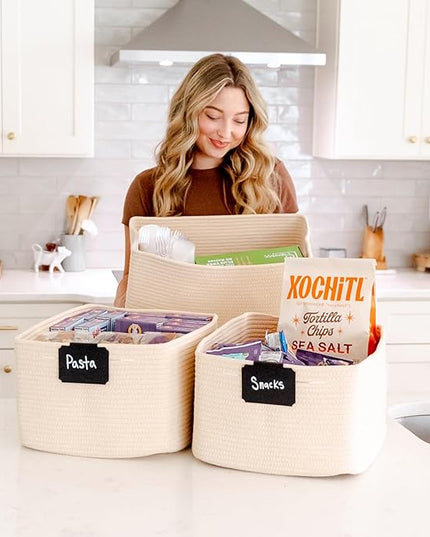 NaturalCozy Storage Baskets 16.8”x13”x7.6” Cotton Rope Woven Baskets for Organizing 3-Pack | Toy Storage Bins | Basket for Shelves, Laundry, Blanket, Clothes, Closet, Kitchen, Bathroom, Gifts