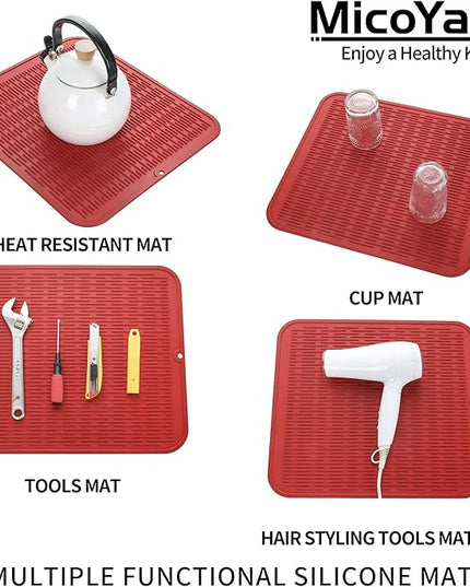 Silicone Dish Drying Mat for Multiple Usage,Easy clean,Eco-friendly,Heat-resistant Silicone Mat for Kitchen Counter or Sink,Refrigerator or Drawer Liner Red XL 18 inches x 16 inches