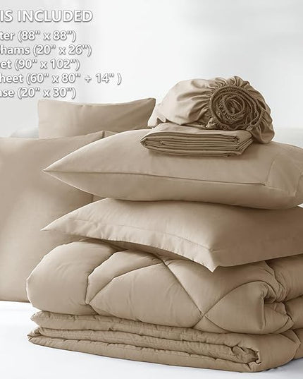CozyLux Queen Comforter Set Taupe - Bed in a Bag Queen Size 7 Pieces, Luxury Soft Bed Set for All Seasons, Bedding Set with Down Alternative Comforter, Sheets, Pillowcases & Shams