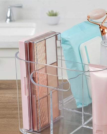 STORi Bliss 5-Compartment Plastic Cosmetics Storage Organizer | Clear | Rectangular Divided Makeup Bin & Vanity Caddy with Pass-Through Handles | Round Corner Design | Made in USA
