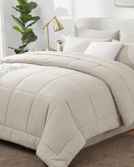 CozyLux Full Size Comforter Sets Beige, 7 Pieces Bed in a Bag, Beige Comforter Full Size, All Season Bedding Sets with Stitch Quilted Comforter, Flat Sheet, Fitted Sheet, Pillowcases