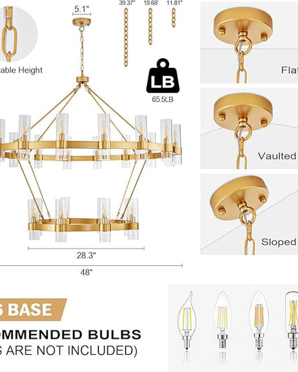 48" Modern High Ceiling Chandelier, 2 Tier Wagon Wheel Chandelier with Glass Shade, 24-Lights Large Round Modern Farmhouse Pendant Lighting Fixture for Dining Room, Living Room, Kitchen, Foyer