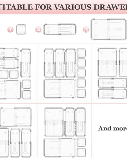 DILIBRA 16 Pcs Clear Extendable Drawer Organizer, Adjustable Drawer Storage 3-Size Desk Drawer Organizer, Plastic Non-Slip Storage Bins for Makeup, Cosmetic, Jewelries, Utensils, Stationery, Dressers