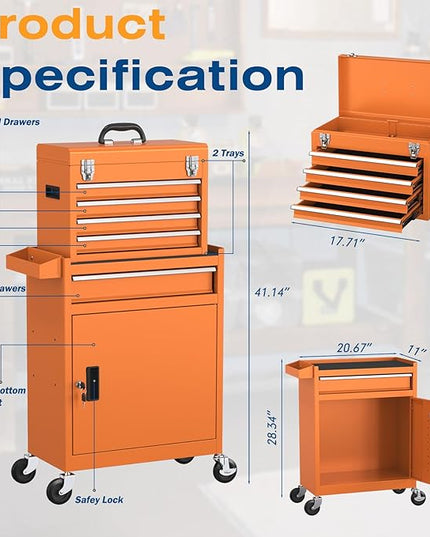 5-Drawers Tool Chest, 2-in-1 Rolling Tool Box with Wheels and Drawers, Detachable Storage Toolbox with Lock, Heavy-Duty Metal Tool Cart for Garage, Workshop (Orange)