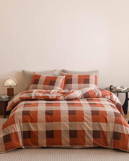 CLOTHKNOW Rust Plaid Queen Comforter Set 3Pcs Gingham Buffalo Bedding Comforter Sets Rust Brown Khaki Geometric Comforter Queen with 2 x Pillow Cases