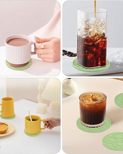 6 Pack Green Silicone Coasters with Holder, 4 Inches Non-Slip Decorative Coaster for Tabletop, Desk Dishwasher Safe Cup Mat for Bar, Drinks, Beer, Coffee